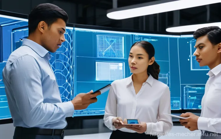 기계설계기사 실무에서의 설계 도면 오류 사례 - **Prompt:** A diverse team of four mechanical engineers (two men, two women of varying ethnicities) ...