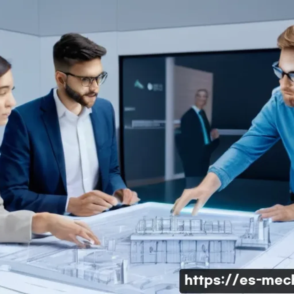 기계설계기사와 협력사의 의사소통 사례 - **Prompt:** A diverse group of professional mechanical engineers, male and female, of varying ages, ...