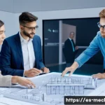 기계설계기사와 협력사의 의사소통 사례 - **Prompt:** A diverse group of professional mechanical engineers, male and female, of varying ages, ...