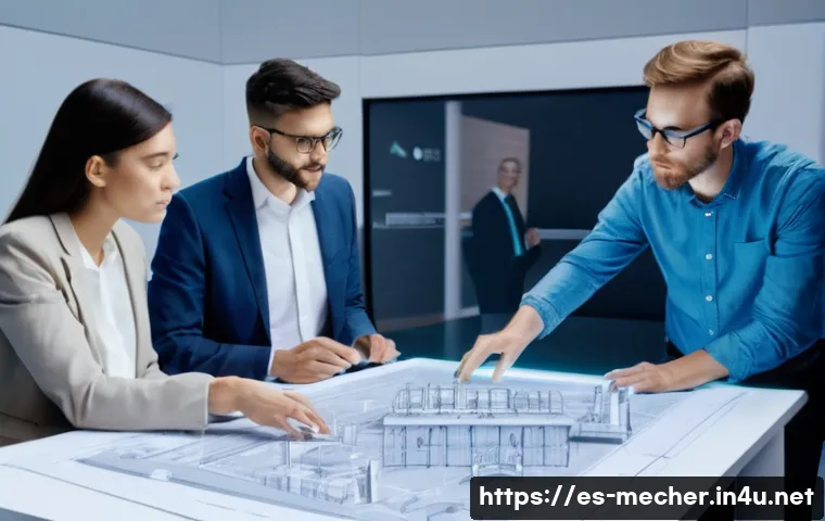 기계설계기사와 협력사의 의사소통 사례 - **Prompt:** A diverse group of professional mechanical engineers, male and female, of varying ages, ...