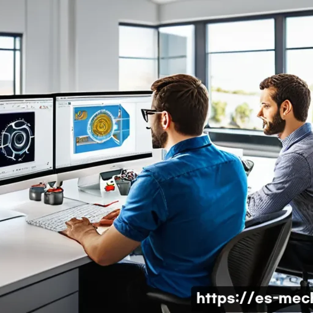 기계설계기사와 설계 변경 관리 - A modern mechanical design office with diverse engineers collaborating over 3D CAD models on large h...