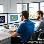 Home 21 기계설계기사와 설계 변경 관리 - A modern mechanical design office with diverse engineers collaborating over 3D CAD models on large h...