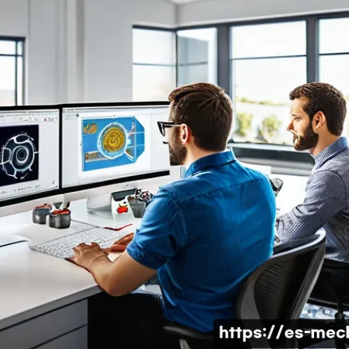 Home 33 기계설계기사와 설계 변경 관리 - A modern mechanical design office with diverse engineers collaborating over 3D CAD models on large h...