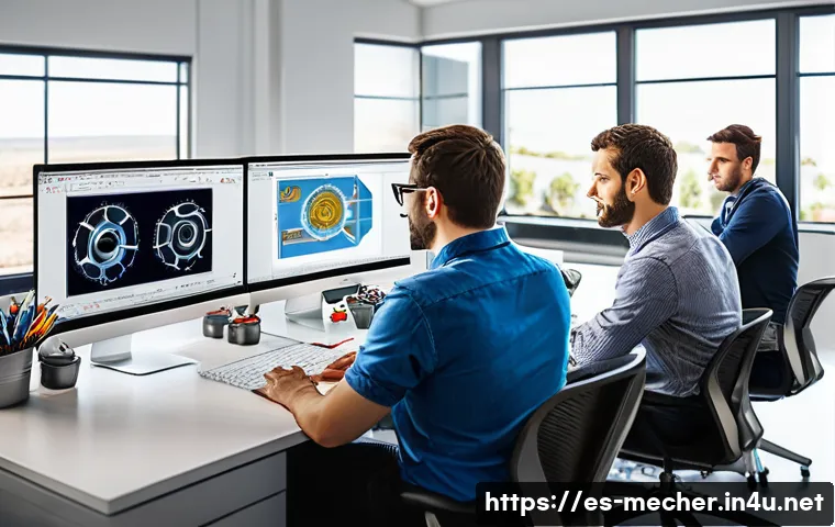 기계설계기사와 설계 변경 관리 - A modern mechanical design office with diverse engineers collaborating over 3D CAD models on large h...