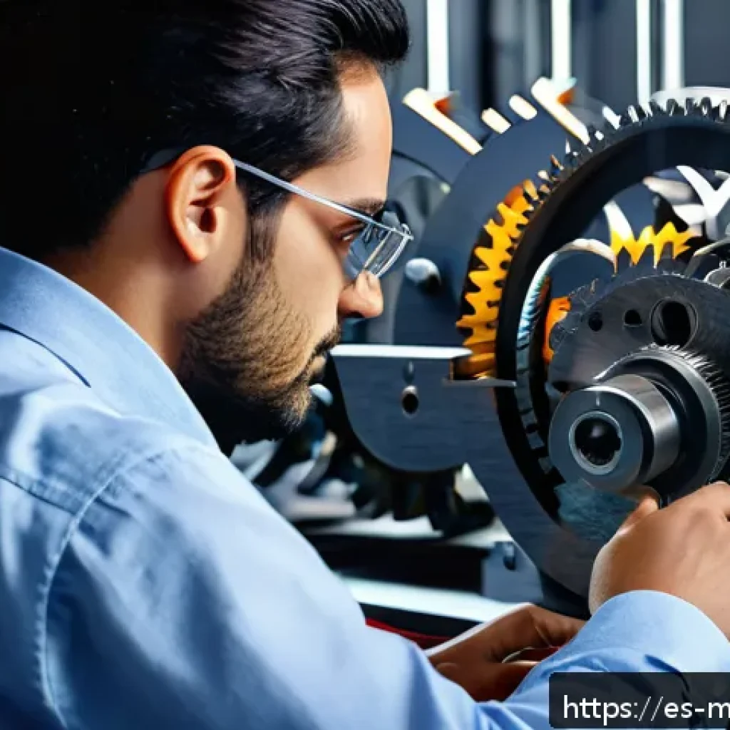 기계설계기사와 기구 설계 실무 - A detailed engineering workshop scene showing a mechanical engineer analyzing a complex gear mechani...
