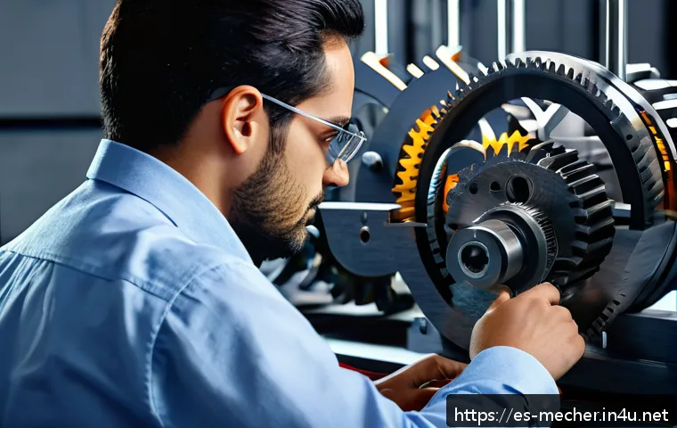 기계설계기사와 기구 설계 실무 - A detailed engineering workshop scene showing a mechanical engineer analyzing a complex gear mechani...