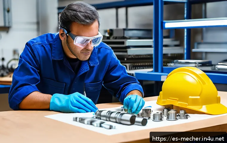 기계설계와 재질 선택의 중요성 - A detailed industrial workshop scene focusing on a mechanical engineer examining various metal sampl...