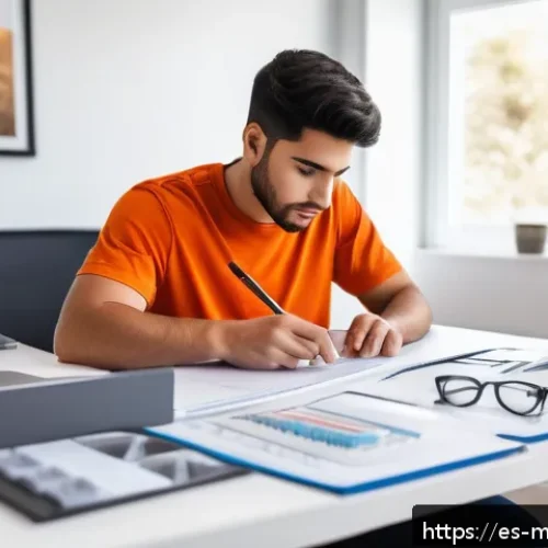기계설계기사 자격증 취득 실패 후 재도전 - A focused young Hispanic professional studying mechanical design at a tidy home office desk, surroun...