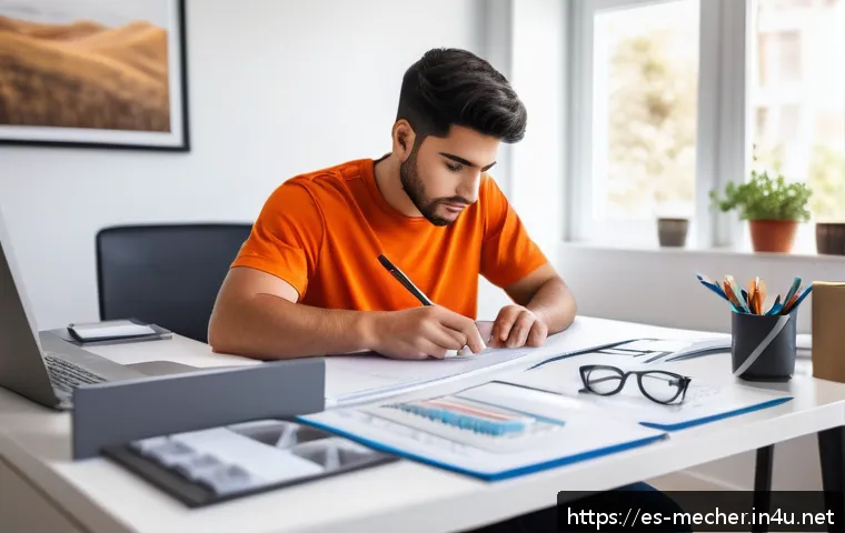 기계설계기사 자격증 취득 실패 후 재도전 - A focused young Hispanic professional studying mechanical design at a tidy home office desk, surroun...